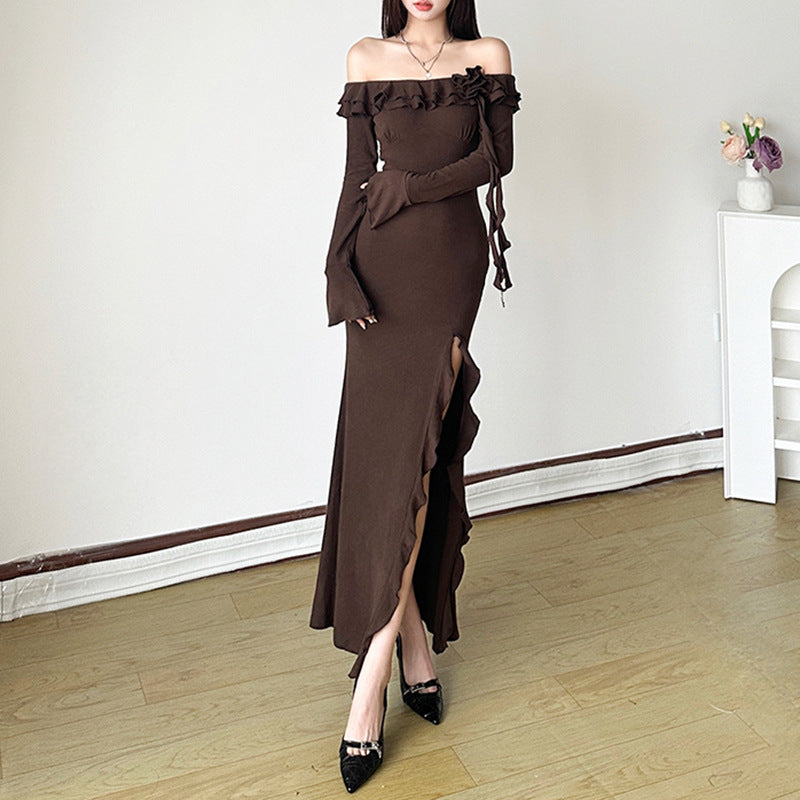 French Hot Girl Lotus Leaf Collar Off-shoulder Slimming Dress