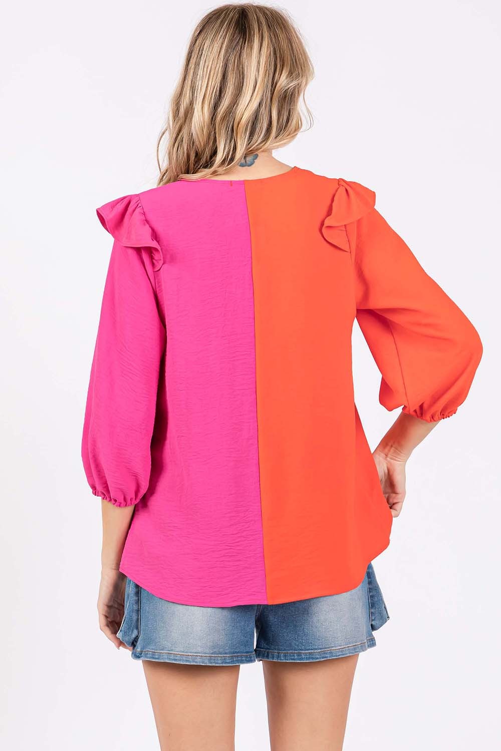 Blusa en contraste con ribete de volantes de tamaño completo GeeGee