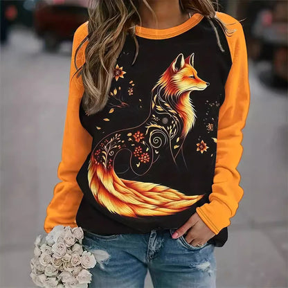 Camiseta de manga larga y cuello redondo con estampado de zorro en color de contraste