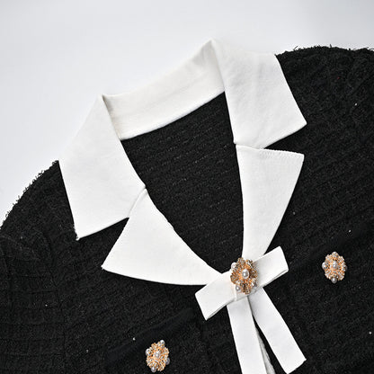 Black And White V-neck Patchwork Diamond Decorations Button Bow Knitted Sheath Dress