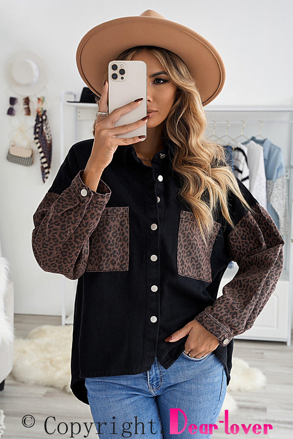 Black Contrast Leopard Denim Jacket