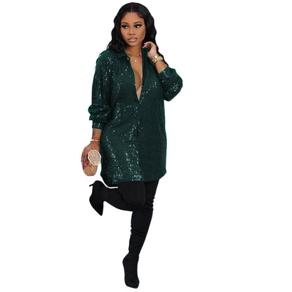 Temperament Commute Sequined Shirt Dress