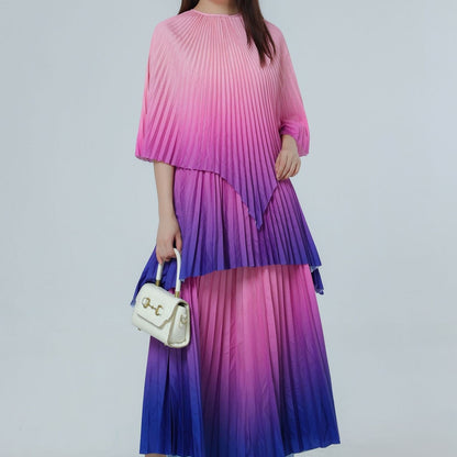 Gradient Color Temperament Printed Cape Top Pleated Loose