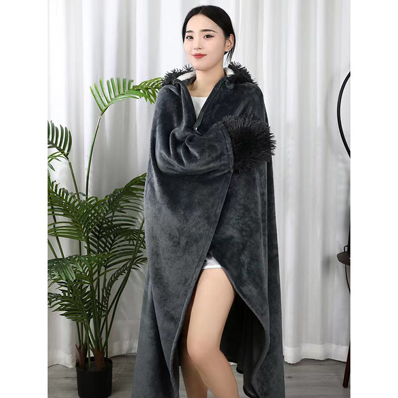 Double Layer Fleece-lined Office Nap Air Conditioning Blanket Hooded Flannel Shawl Cape