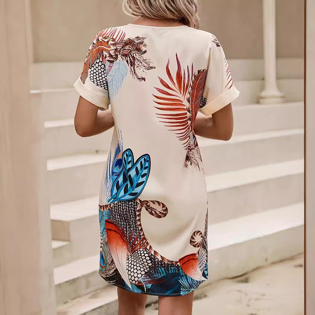 Robe minimaliste à manches chauve-souris et imprimé tropical tendance pour femme