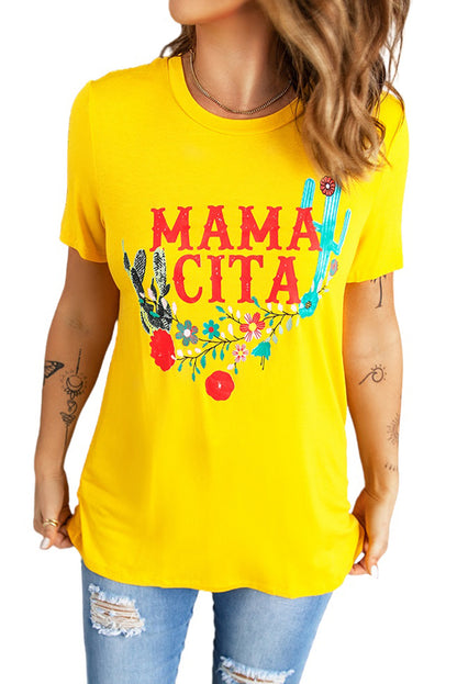 Yellow Mamacita Crew Neck Graphic Tee for Women