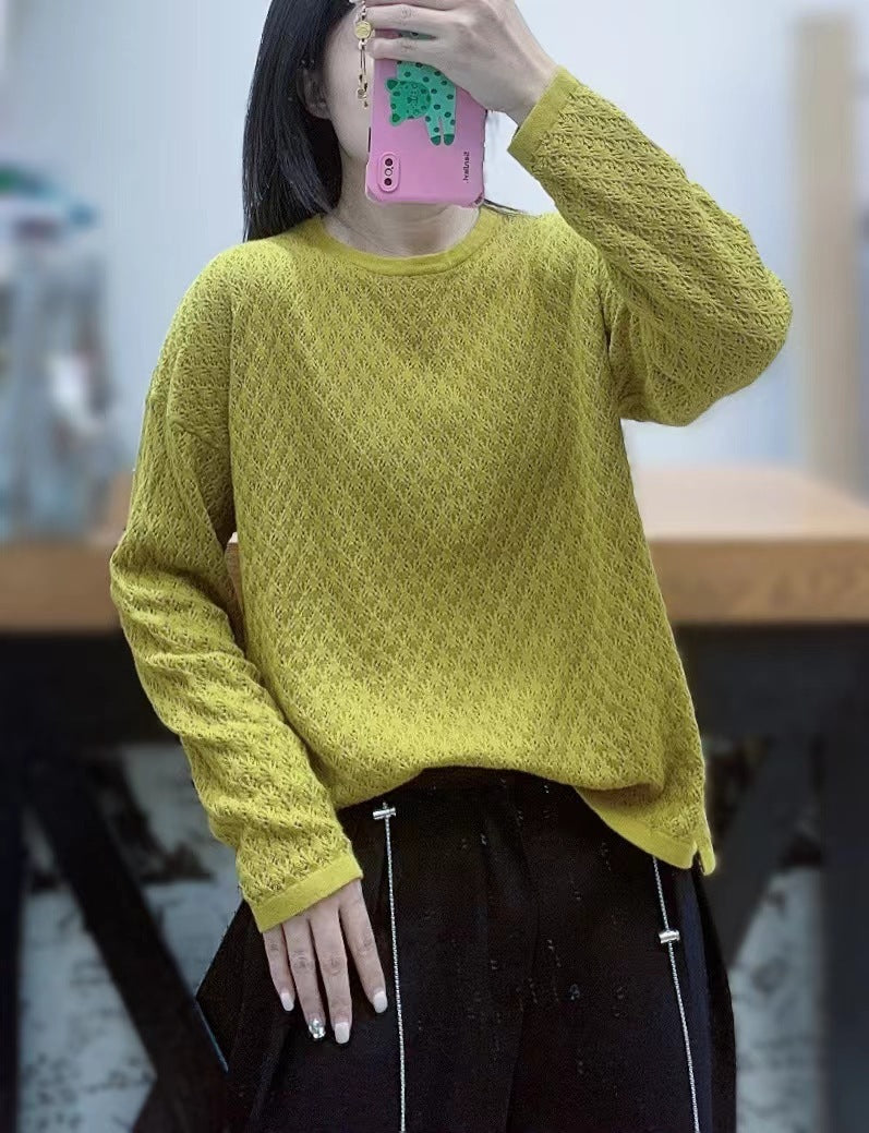 Women's Solid Color Round Neck Texture Loose Casual Long Sleeves Knitted Sweater Sweater