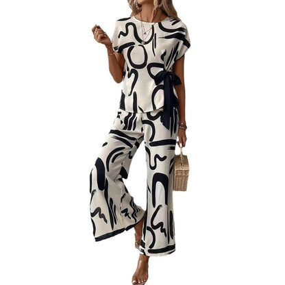 Women's Wide-leg Pants Short Sleeve Two-piece Suit