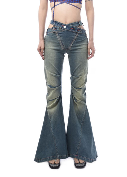 Pantalon à cloche en Denim pour fille, coupe Slim, taille haute, avec patte plissée, tendance