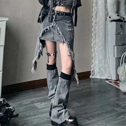 Culture asiatique Y2g Hot Girl Denim jupe taille haute irrégulière gris fumé