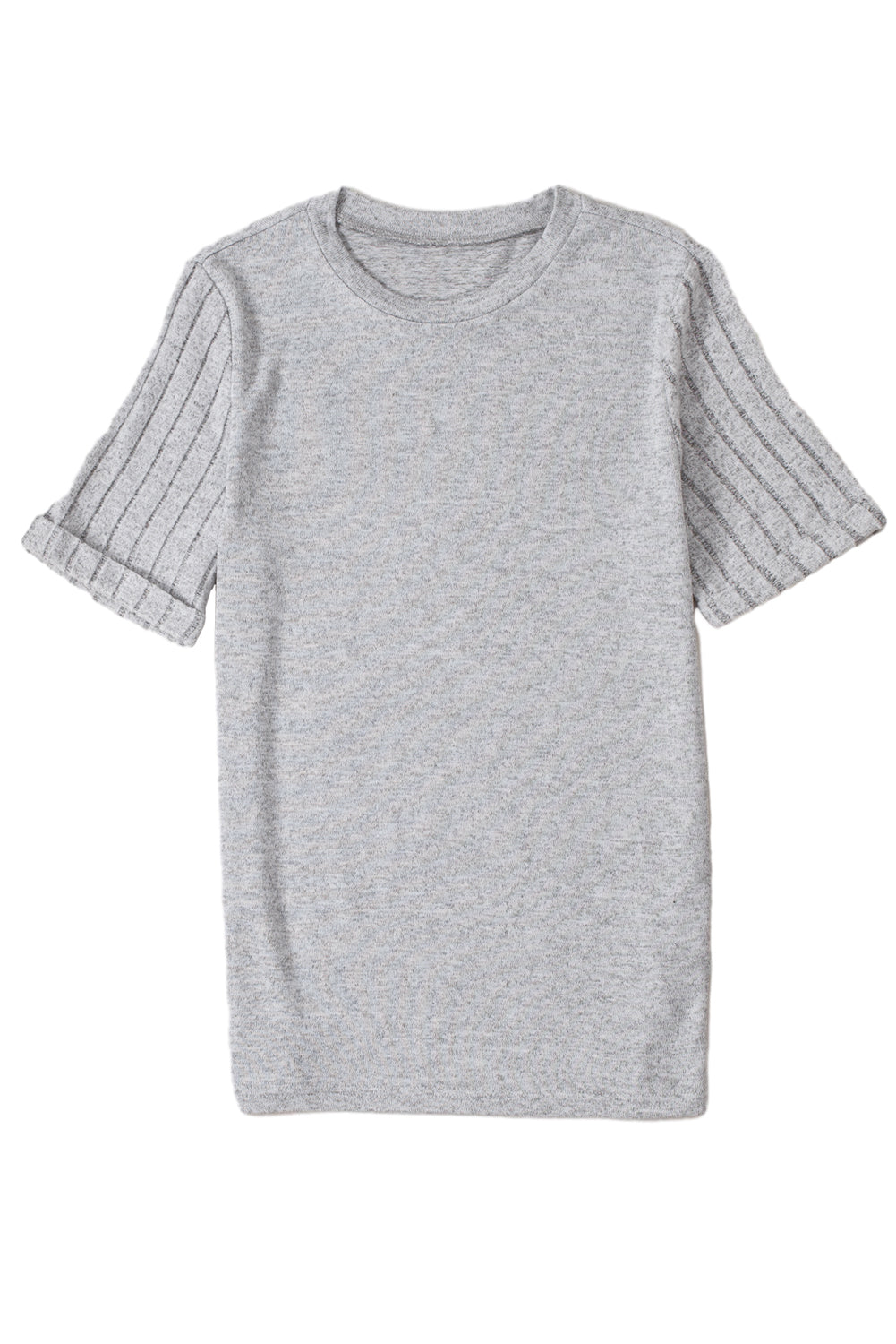 Gray Ribbed Splicing Short Sleeve Round Neck T-shirt