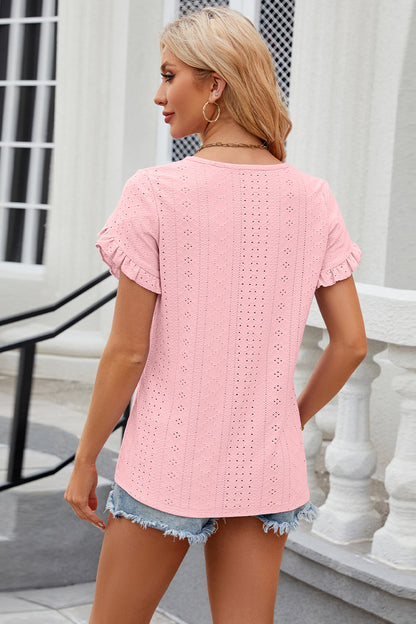 Eyelet Round Neck Petal Sleeve T-Shirt