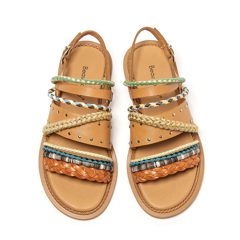 Women's Summer Flat Roman Woven Leather Niche Sandals