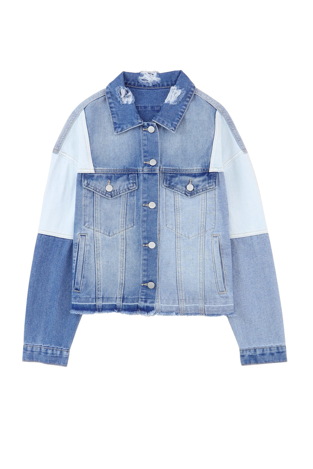 Veste en jean bleu ciel avec ourlet effiloché et patchwork