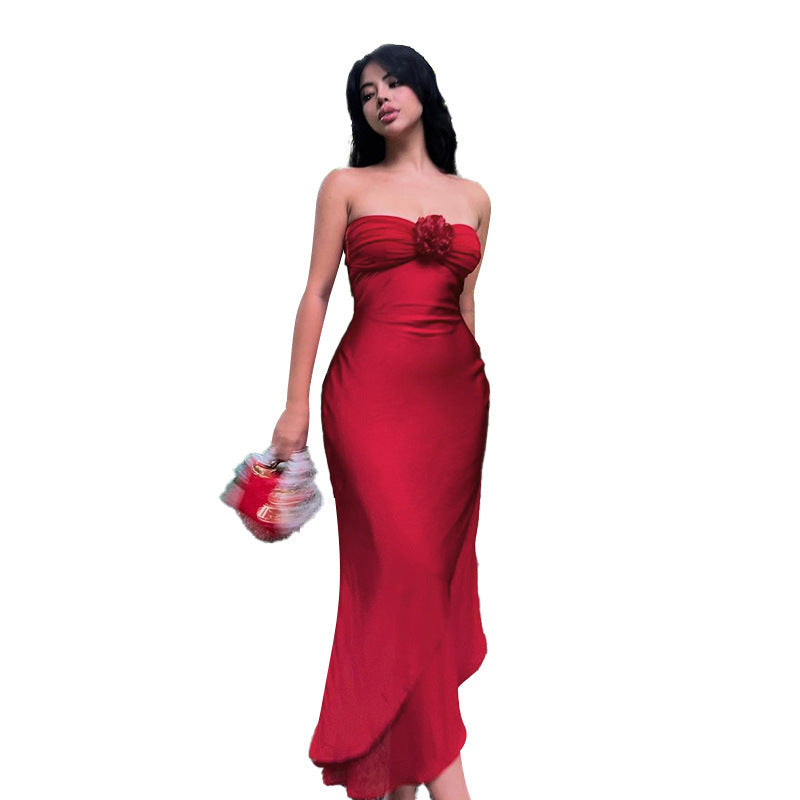 Slim Fit Long Dress Holiday Fashion Flower Tube Top For Women