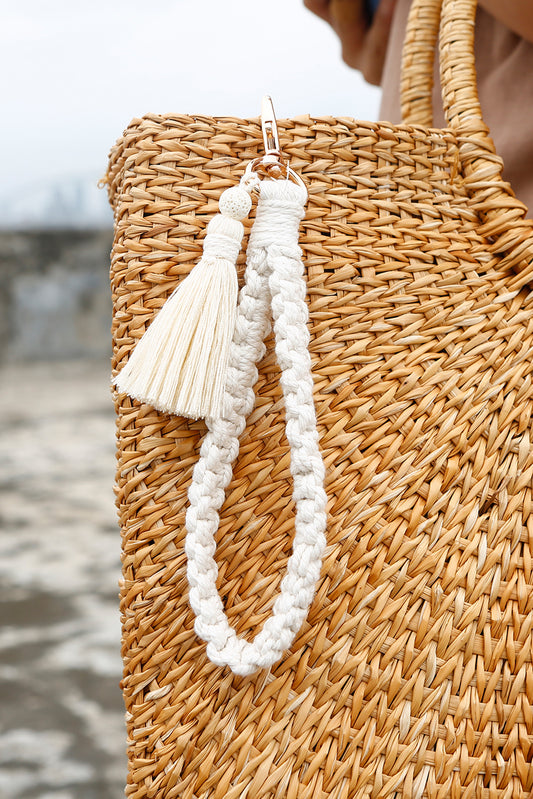 Porte-clés de poignet à pompons tissé blanc