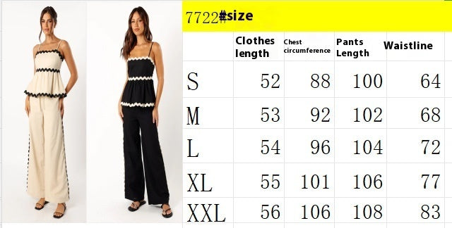 Women's Solid Color Suspenders Stitching Lace Trousers Two-piece Set