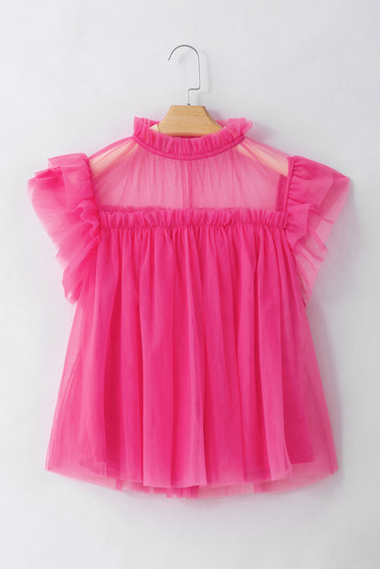 Blouse babydoll évasée à manches volantées en tulle rose fraise