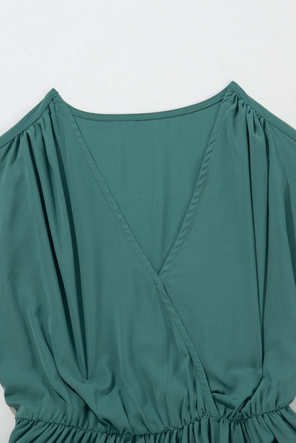 Vestido largo color sólido con cuello en V plisado manga corta verde negruzco