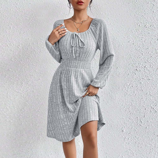 Square-neck Cinched Large Skirt Long Sleeve Dress