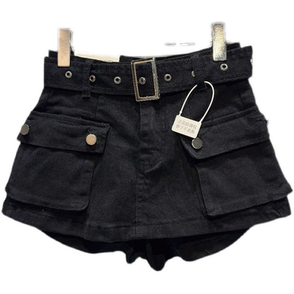 Women's Fashionable Retro Large Pocket Belt Pantskirt Skirt Denim Shorts