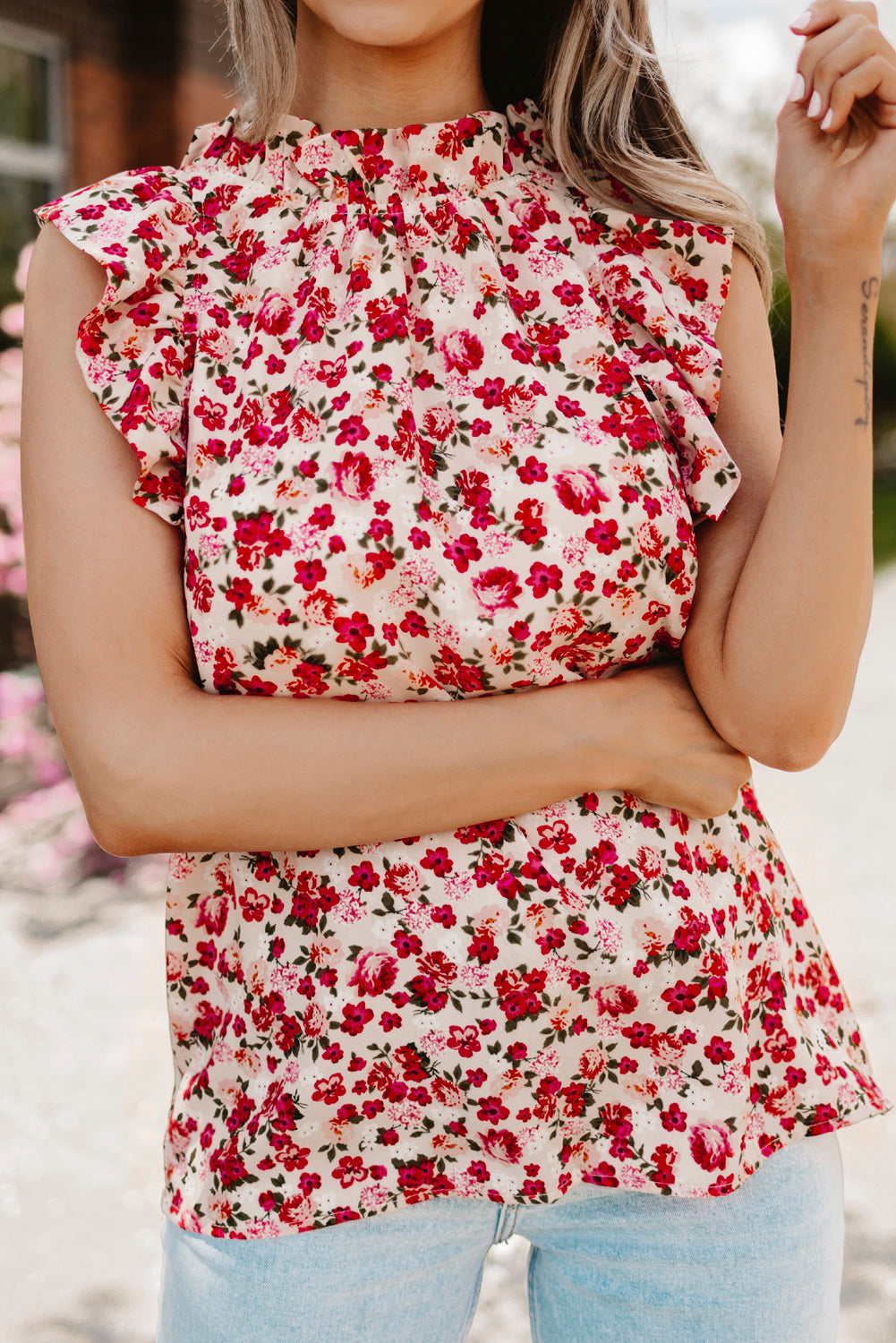 Red Boho Floral Print Ruffled Mock Neck Sleeveless Shirt