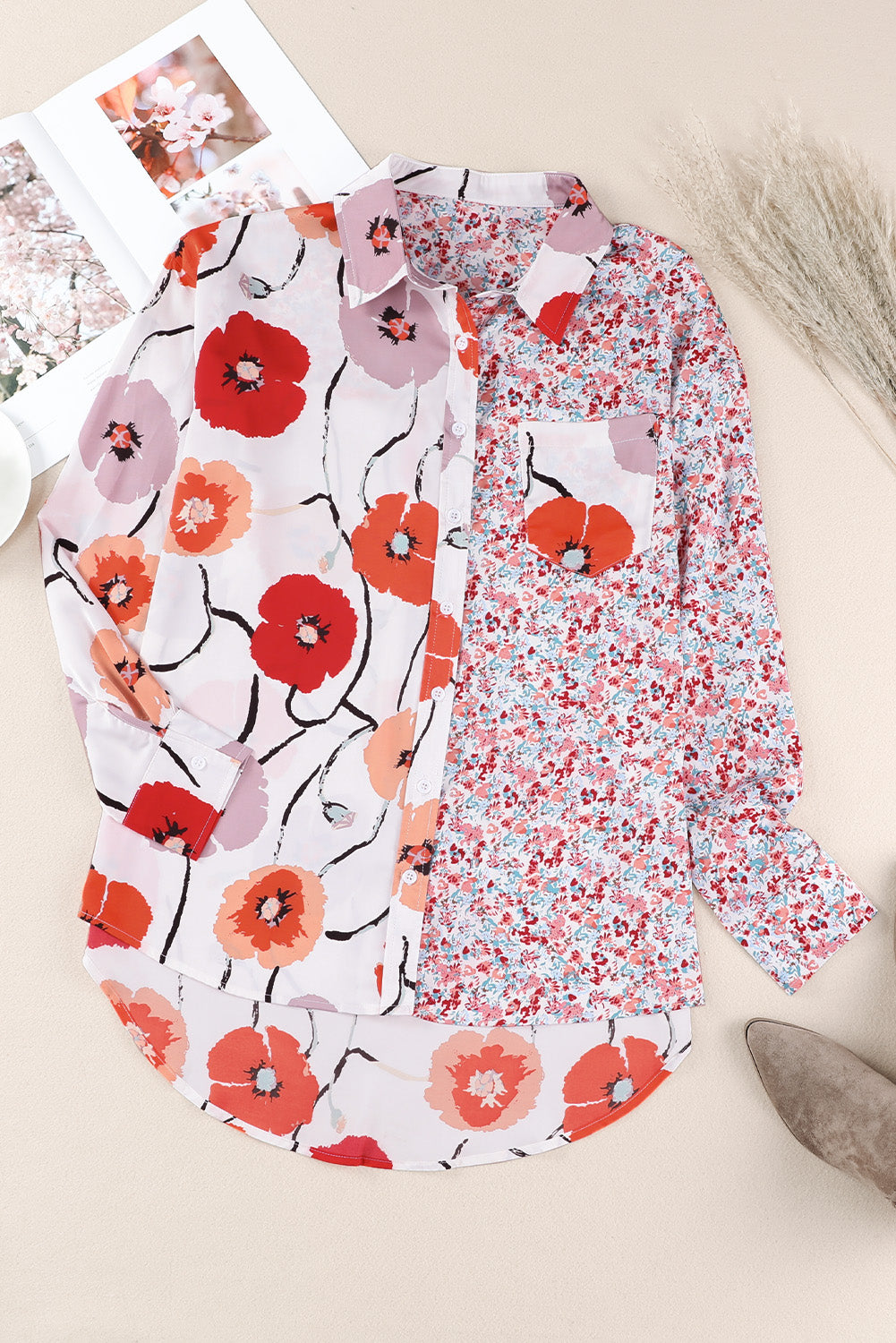 Chemise boutonnée en patchwork avec poches florales bohème rouge