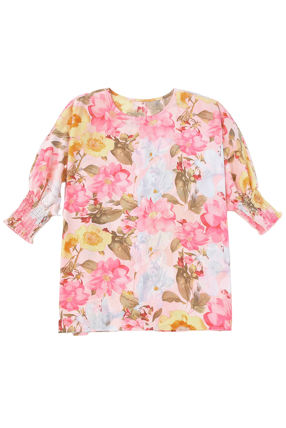 Pink Shirred Cuffs 3/4 Sleeve Loose Fit Floral Blouse