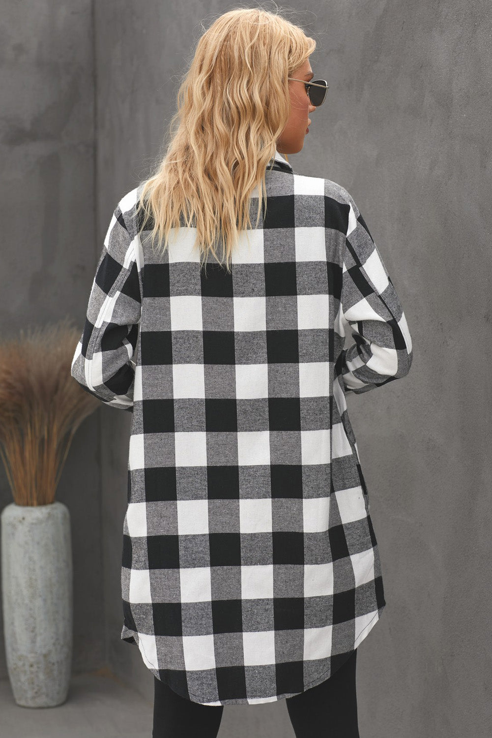 Green Turn-down Collar Plaid Shirt Coat