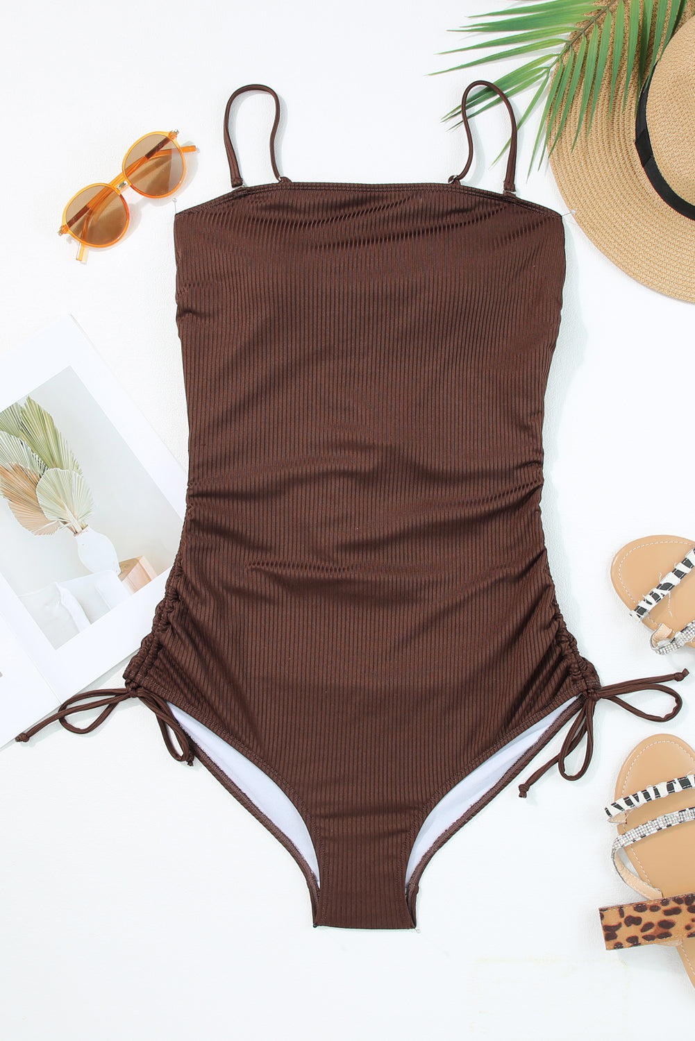 Coffee Side Drawstring Cutout Ribbed One Piece Swimsuit