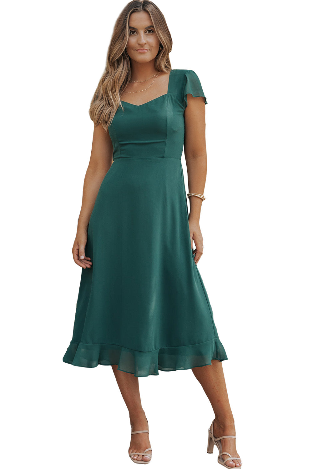 Sea Green Shirred Open Back Sweetheart Neck Ruffled Midi Dress