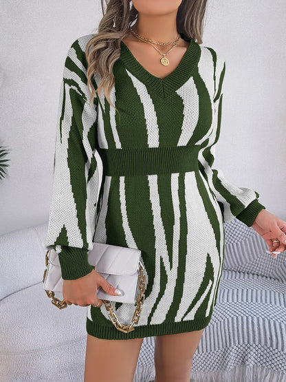 Animal Print V-Neck Long Sleeve Sweater Dress