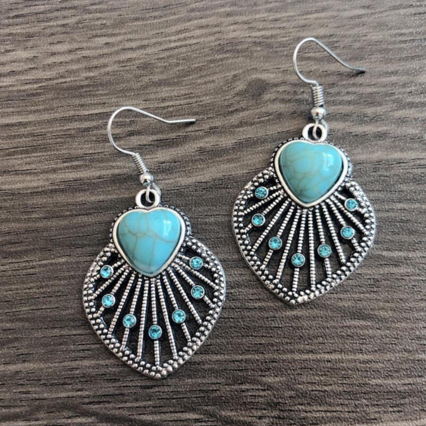 Boucles d'oreilles en forme de coeur et de feuille en strass turquoise artificiel