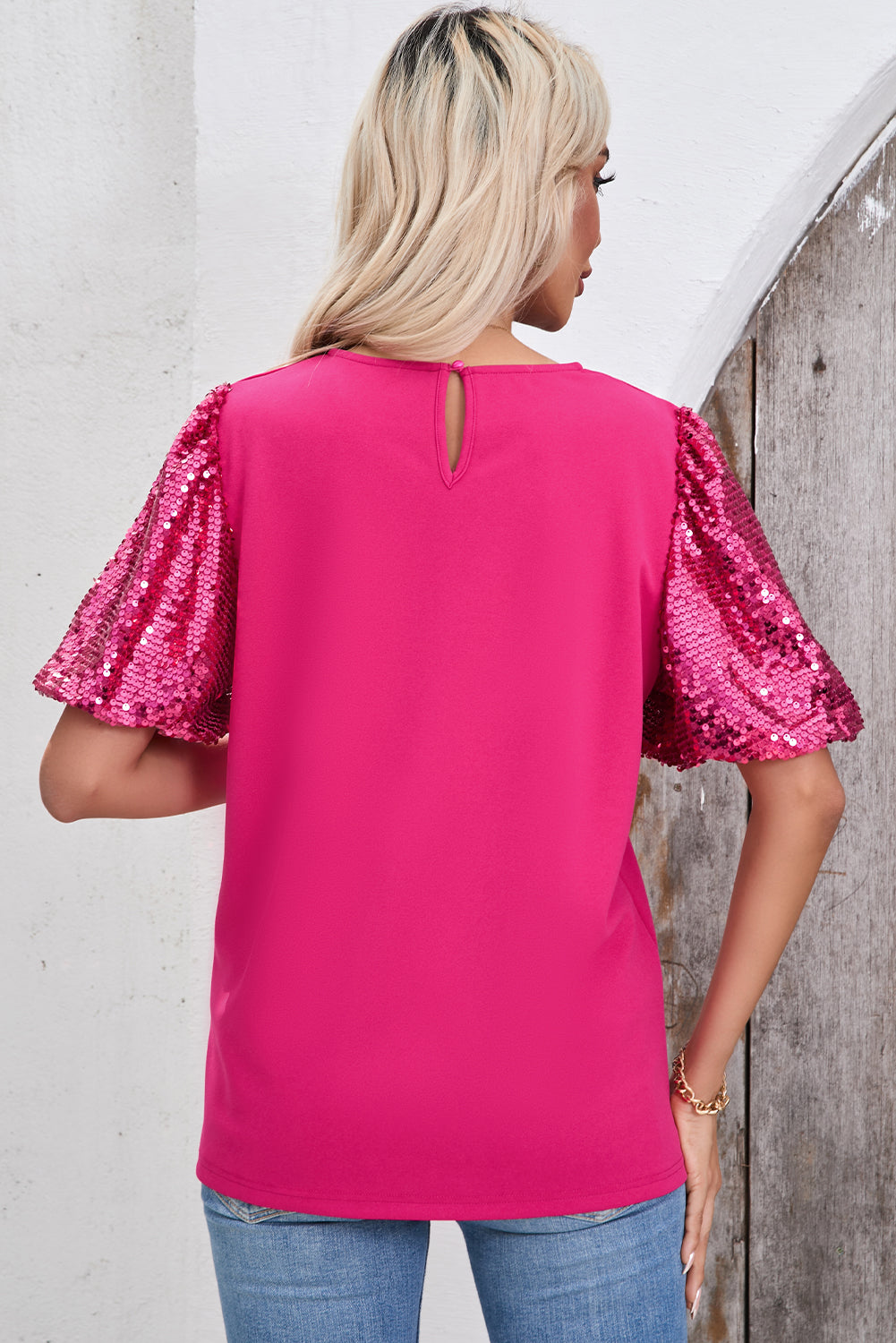 Rose Red Contrast Sequin Puff Sleeve T Shirt