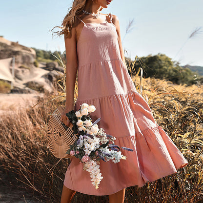 Vestido de verano de algodón y lino de color liso para mujer, nuevo estilo europeo y americano