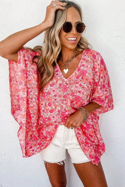 Pink Boho Floral Print V Neck Oversized Blouse