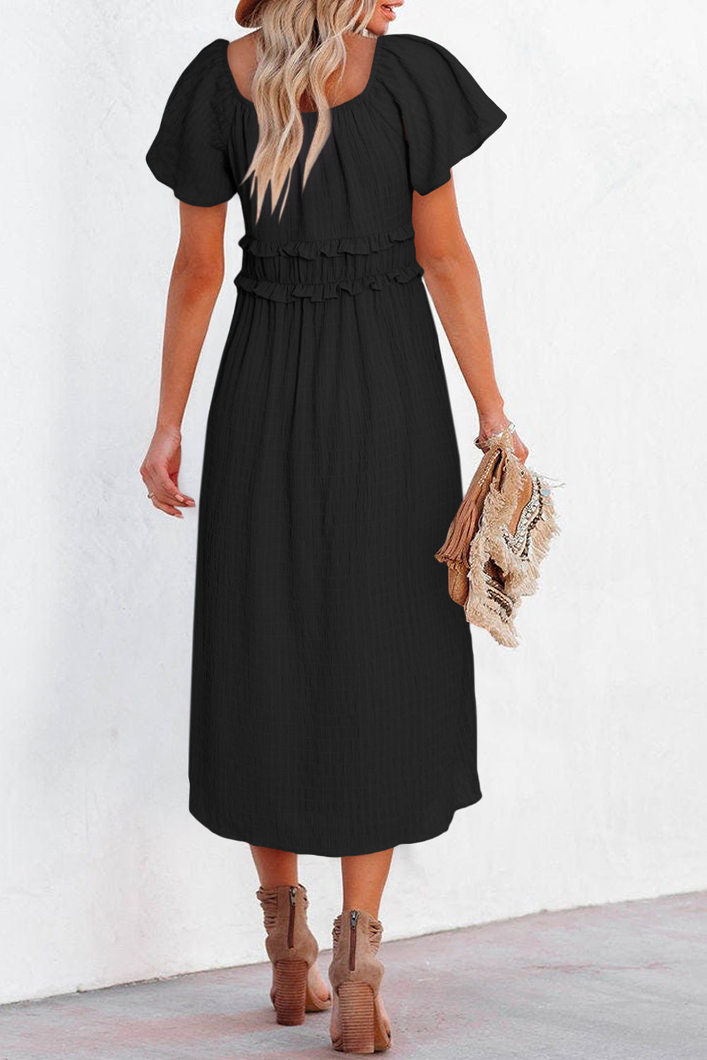 Frill Trim Short Sleeve Dress with Pockets