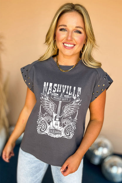 Camiseta gris oscuro con puños y tachuelas con gráfico NASHVILLE Music City