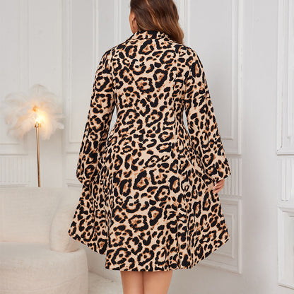 Fashion Leopard Print Long Sleeve Plus Size Loose Dress