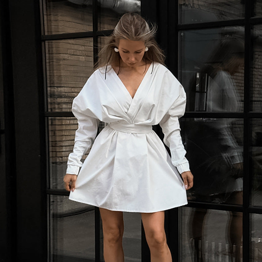 White Puff Sleeve Dress Women's V-neck A- Line