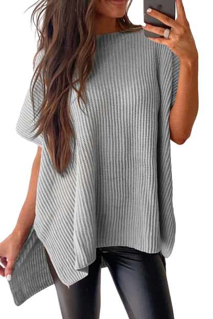 Top extragrande de punto con manga dolman corta y abertura lateral gris