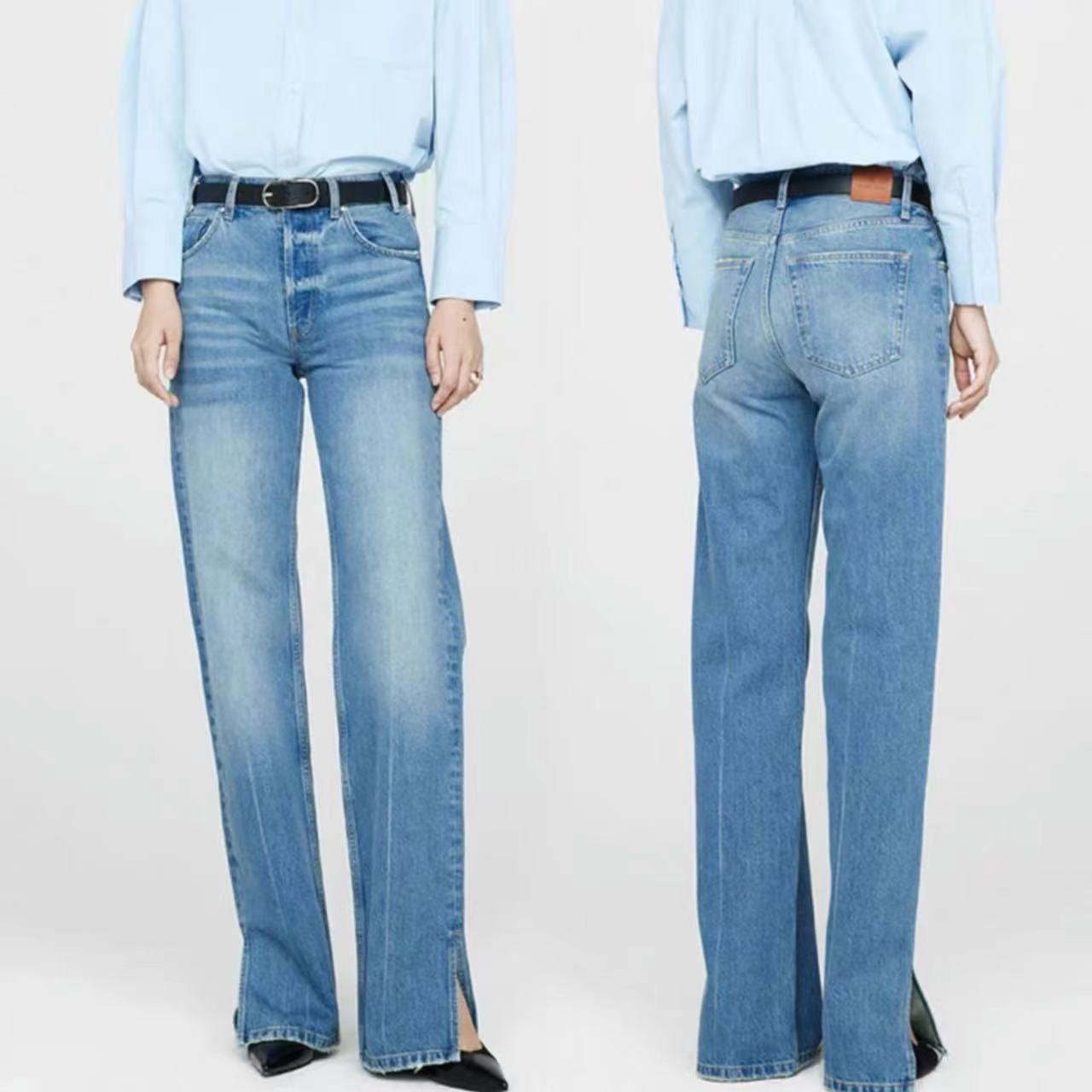 Jean droit femme taille moyenne bleu nordique avec patte de boutonnage