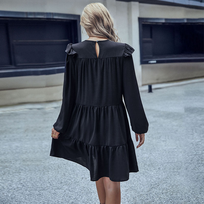 Robe ample noire à manches longues pour femme de style Hepburn