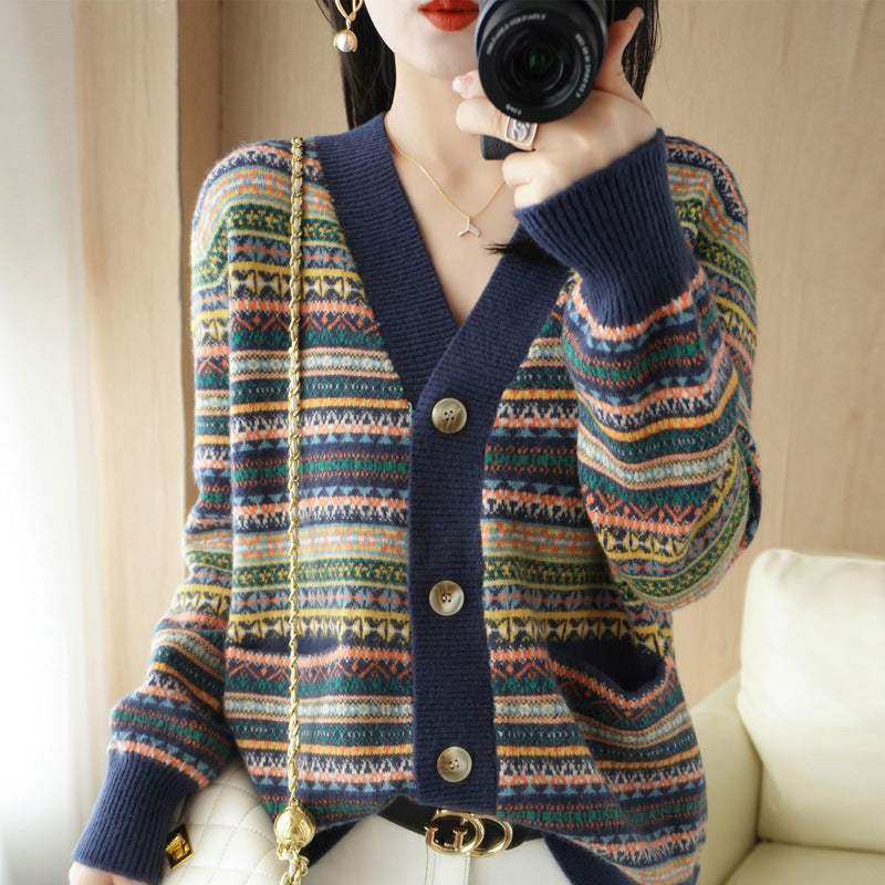 Loose And Lazy Style Women's Outer Wear Western Style Knitted Cardigan