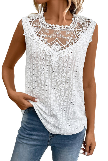 Blusa sin mangas con espalda de cerradura de crochet de encaje de guipur blanco