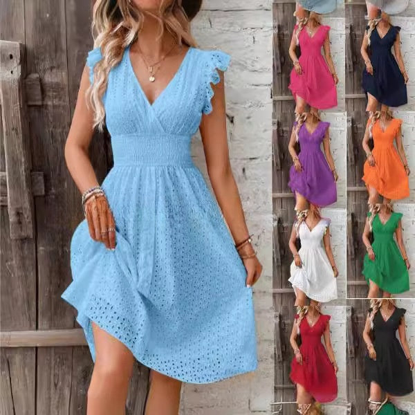 European And American Mid-length Lace Jacquard Hollow Thin V-neck Women's Dress