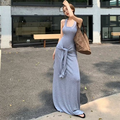 Design Solid Color Vest Long Dress