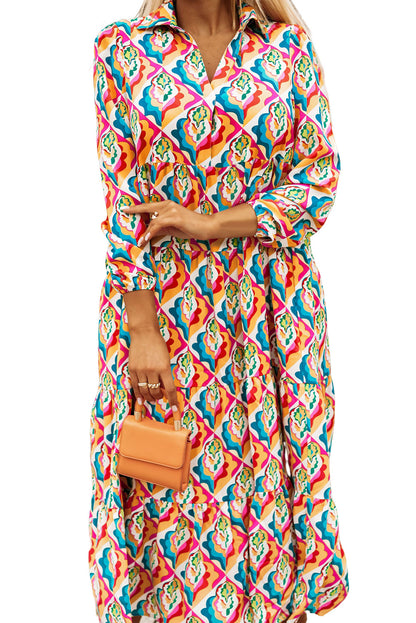 Abstract Geometric Print Long Sleeve High Waist Dress