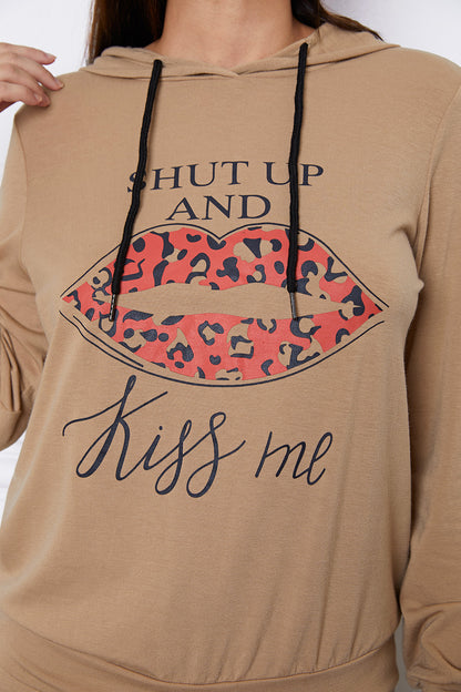 SHUT UP AND KISS ME Lip Graphic Hooded Top and Drawstring Pants Set