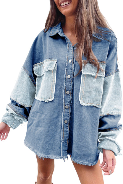 Blue Color Block Frayed Patchwork Oversize Denim Jacket